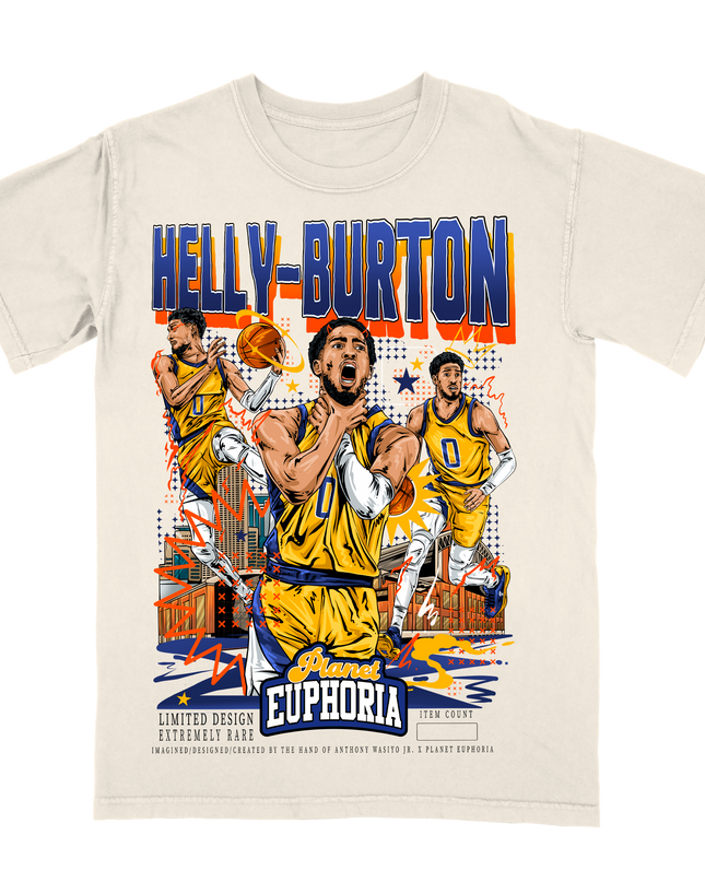 Tyrese Haliburton 'Helly-Burton' Indiana basketball player graphic t-shirt by Planet Euphoria in off-white, front view.