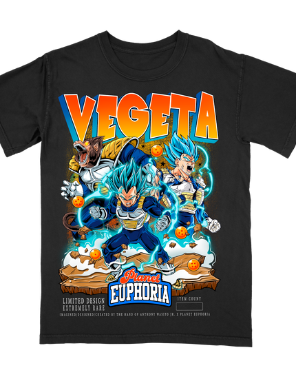 Vegeta from Dragon Bali Z adult black t-shirt with hand drawn artwork by Planet Euphoria featuring colorful graphics of the character in various poses.