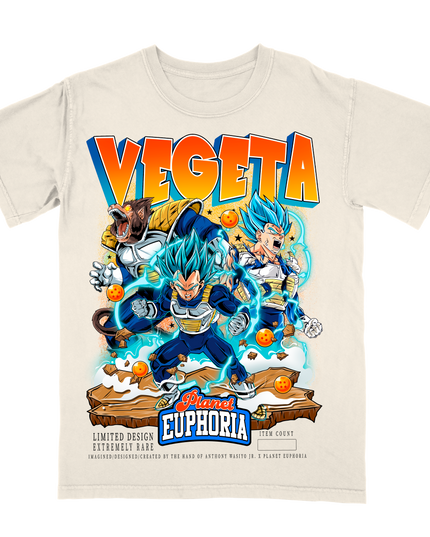 Vegeta from Dragon Bali Z adult off-white t-shirt with hand drawn artwork by Planet Euphoria featuring colorful graphics of the character in various poses.