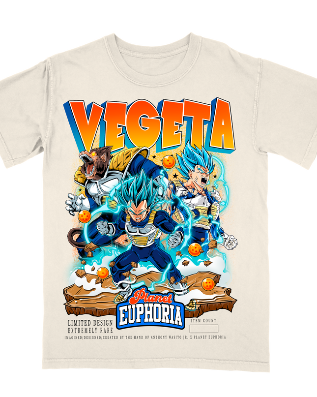 Vegeta from Dragon Bali Z youth off-white t-shirt with hand drawn artwork by Planet Euphoria featuring colorful graphics of the character in various poses.