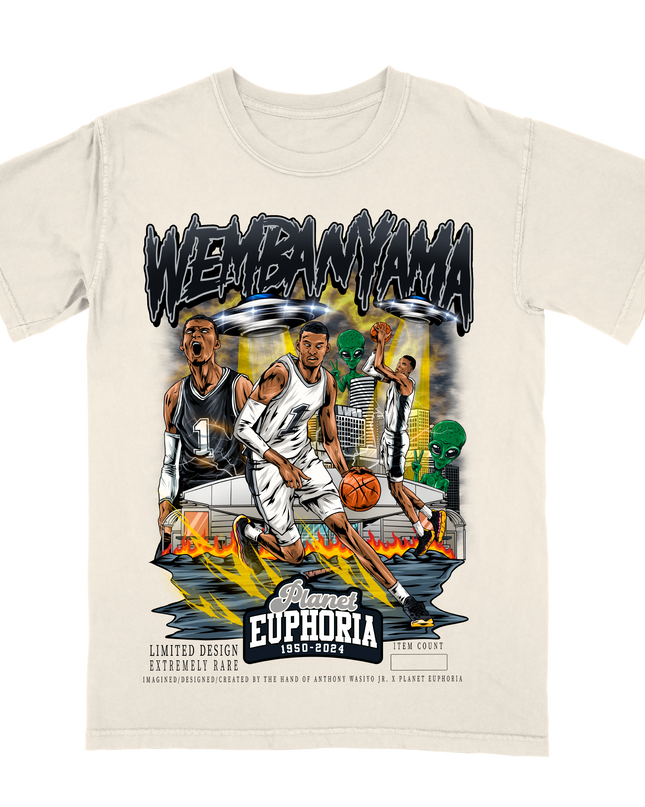 Victor Wembanyama Spurs graphic tee V2 by Planet Euphoria in off-white, front view.
