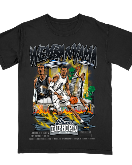 Victor Wembanyama NBA player graphic tee V2 by Planet Euphoria in black, front view.