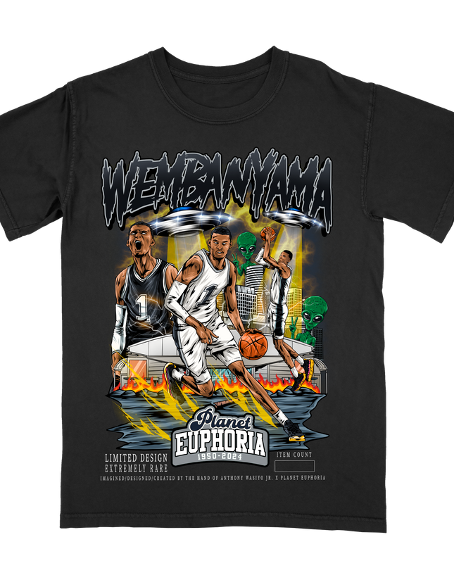 Victor Wembanyama NBA player graphic tee V2 by Planet Euphoria in black, front view.