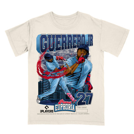 Vlad Guerrero Jr Toronto #27 MLBPA graphic tee by Planet Euphoria in off-white, front view.