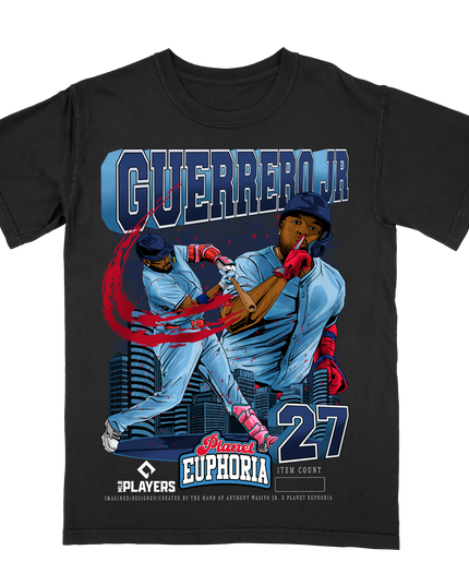 Vlad Guerrero Jr Toronto MLBPA graphic tee V2 by Planet Euphoria in black, front view.
