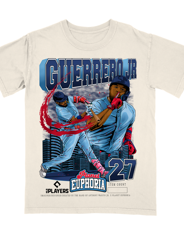Vlad Guerrero Jr Toronto MLBPA graphic tee V2 by Planet Euphoria in off-white, front view.