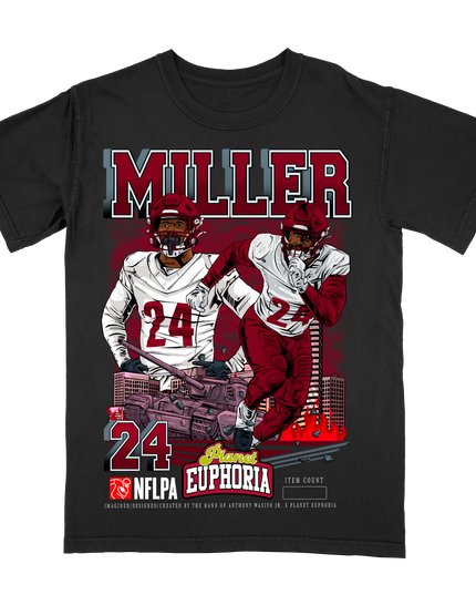 Von Miller Washington Commanders football player graphic tee by Planet Euphoria in black, front view.