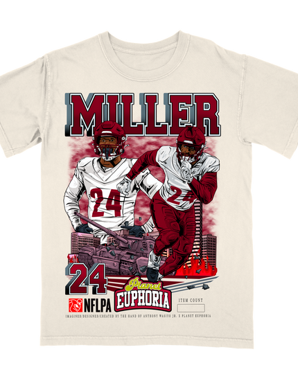 Von Miller Washington Commanders football player graphic tee by Planet Euphoria in off-white, front view.