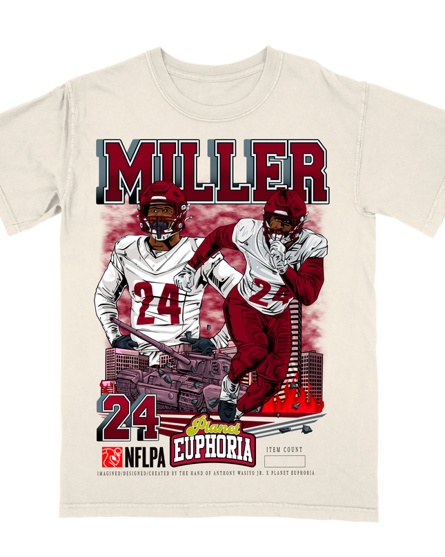 Von Miller Washington Commanders football player graphic tee by Planet Euphoria in off-white, front view.