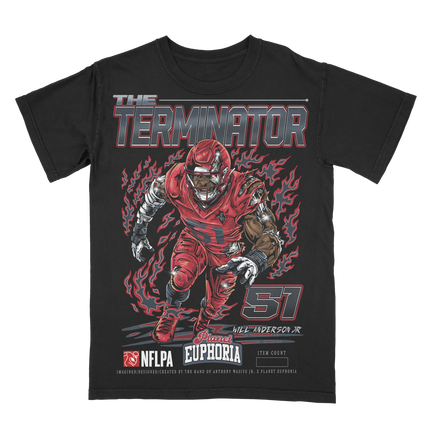 Planet Euphoria Will Anderson Jr football graphic tee in black, front view.