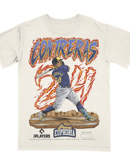 Planet Euphoria William Contreras baseball graphic tee in off-white, front view.