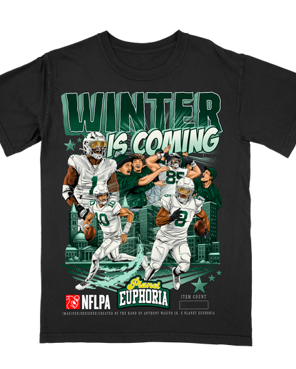 Winter is Coming Green Bay Packers NFLPA graphic tee by Planet Euphoria in black, front view.