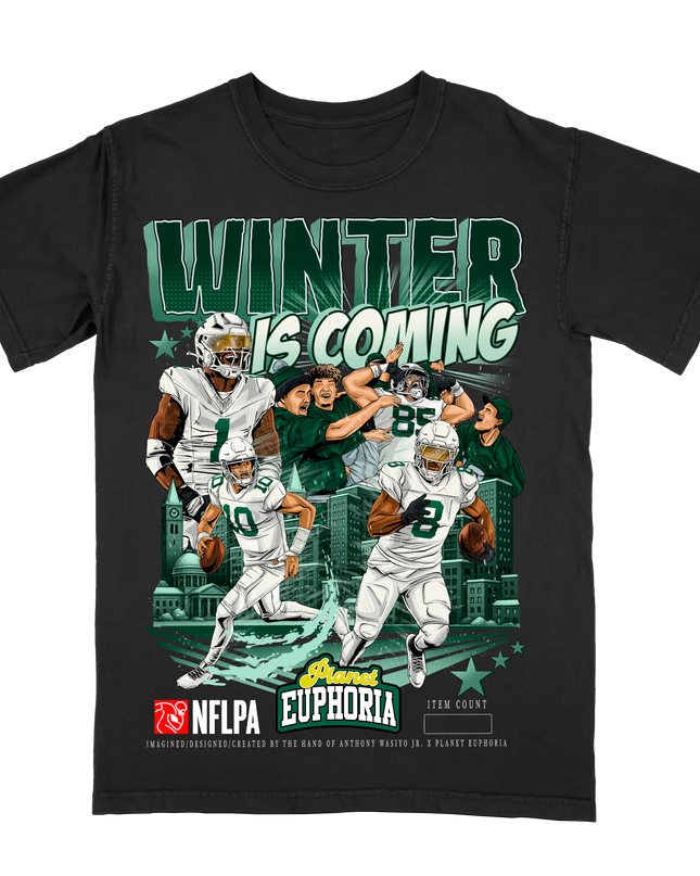 Winter is Coming Green Bay Packers NFLPA graphic tee by Planet Euphoria in black, front view.