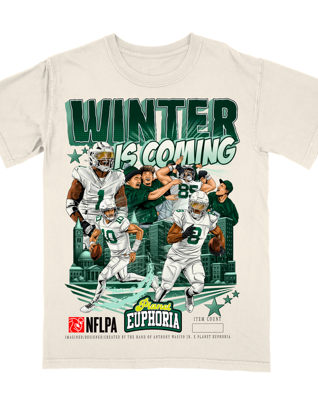 Winter is Coming Green Bay Packers NFLPA graphic tee by Planet Euphoria in off-white, front view.