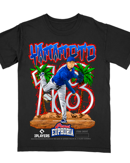 Yoshi Yamamoto 18 MLBPA graphic t-shirt by Planet Euphoria in black, front view.