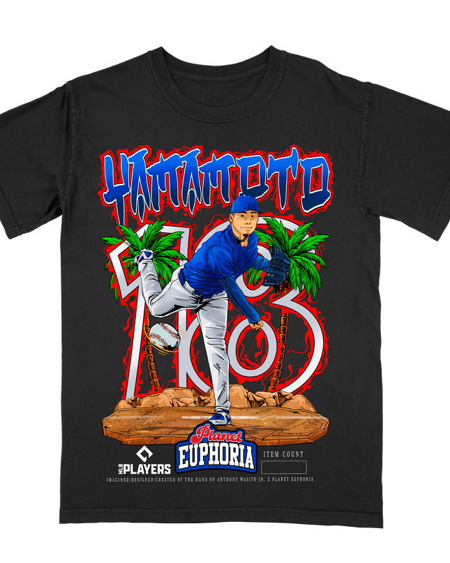 Yoshi Yamamoto 18 MLBPA graphic t-shirt by Planet Euphoria in black, front view.