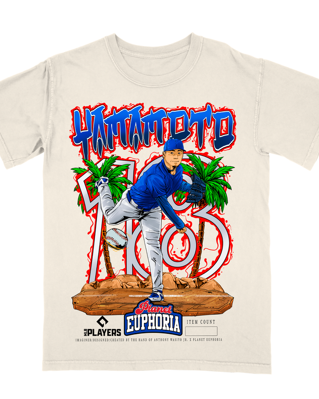Yoshi Yamomoto MLBPA pitcher graphic tee by Planet Euphoria in off-white, front view.