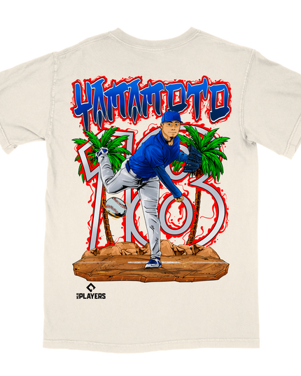 Yoshinobu Yamamoto LA Dodgers graphic tee by Planet Euphoria in off-white, back view.