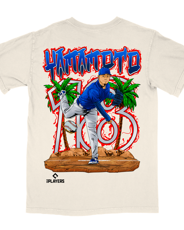 Yoshinobu Yamamoto LA Dodgers graphic tee by Planet Euphoria in off-white, back view.