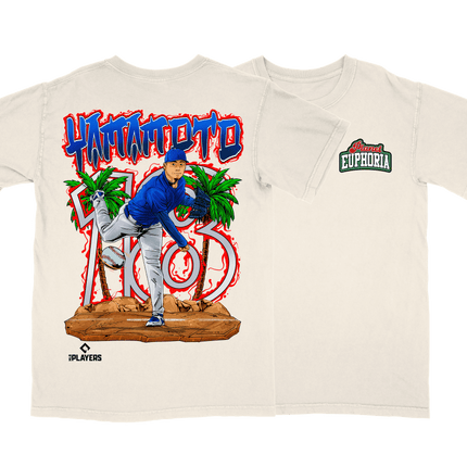Yoshinobu Yamamoto LA Dodgers graphic tee by Planet Euphoria in off-white, front and back view.