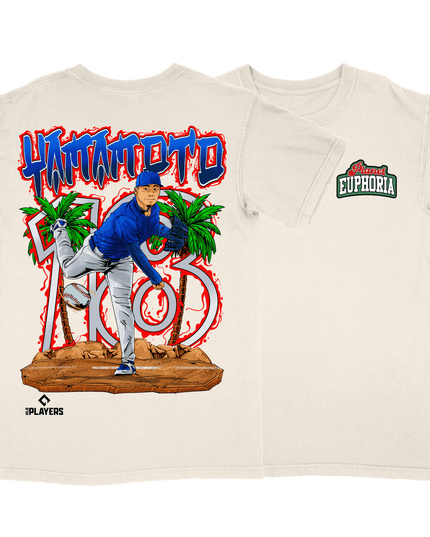 Yoshinobu Yamamoto LA Dodgers graphic tee by Planet Euphoria in off-white, front and back view.