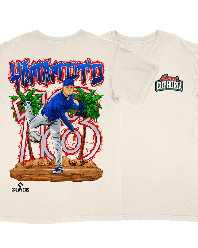 Yoshinobu Yamamoto LA Dodgers graphic tee by Planet Euphoria in off-white, front and back view.