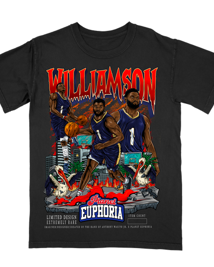 Zion Williamson New Orleans basketball player graphic t-shirt by Planet Euphoria in black, front view.