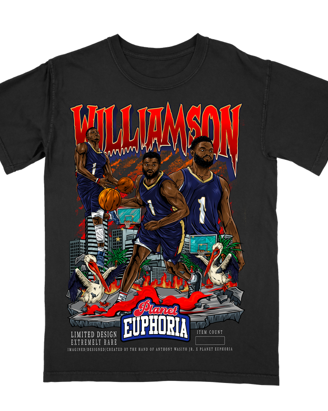 Zion Williamson New Orleans basketball player graphic t-shirt by Planet Euphoria in black, front view.
