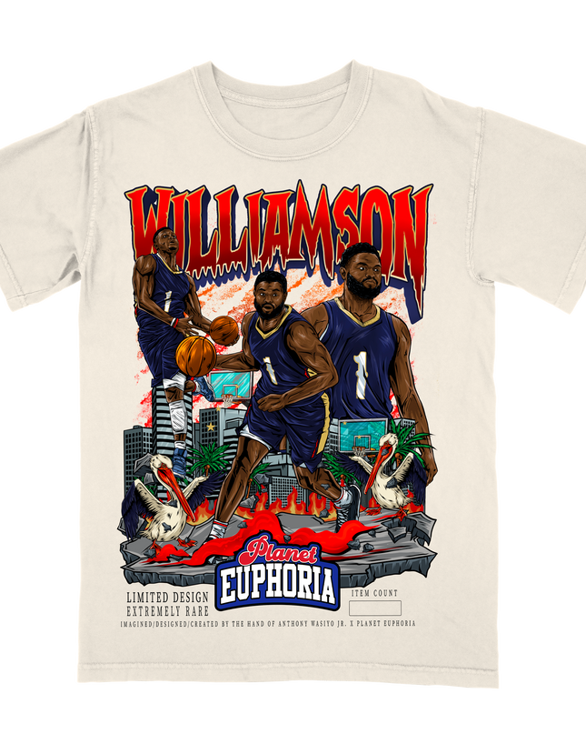 Zion Williamson New Orleans basketball player graphic t-shirt by Planet Euphoria in off-white, front view.